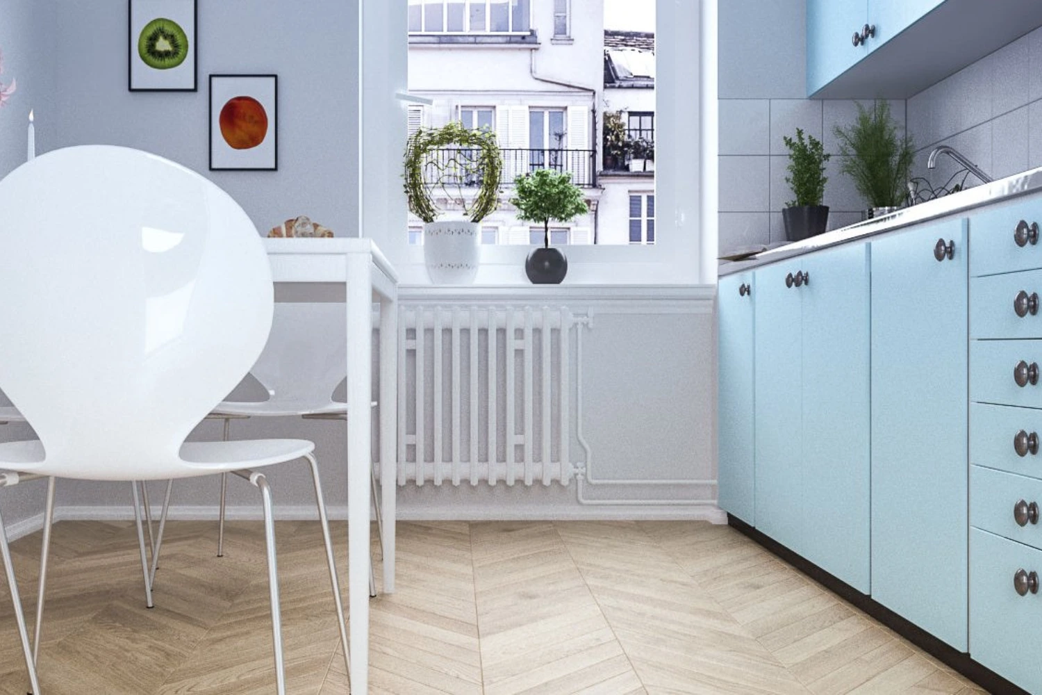 Nowoczesna kuchnia utrzymana w pastelowej kolorystyce